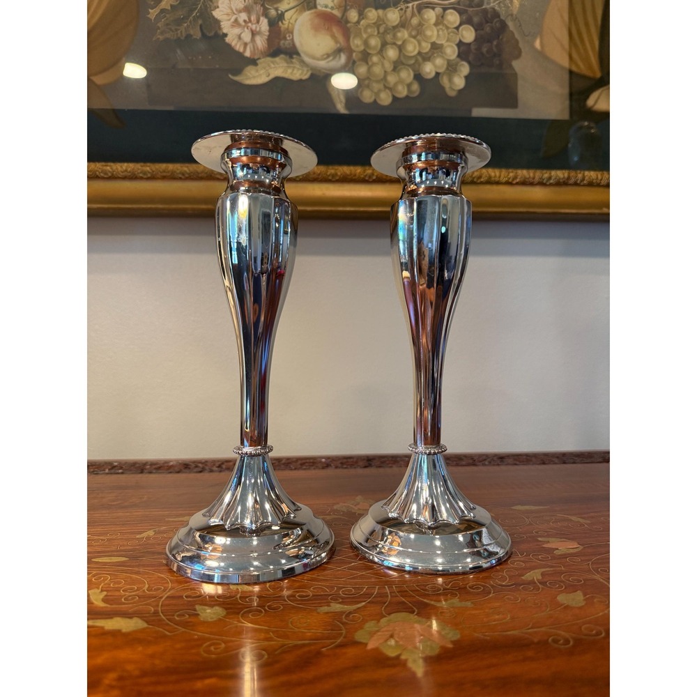 Bombay Silver Tone Candlestick Holders • Set of 2 Fluted Taper Candle Holders - Picture 6 of 16